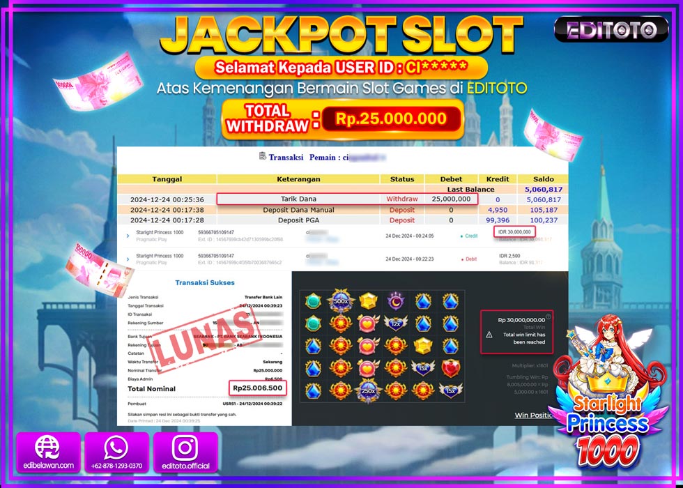 JACKPOT SLOT STARLIGHT PRINCESS 1000 Rp.25.000.000.,- LUNAS