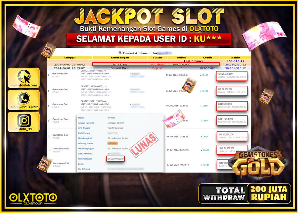 OLXTOTO JACKPOT SLOT GEMSTONES GOLD  Rp.200.000.000.,- LUNAS