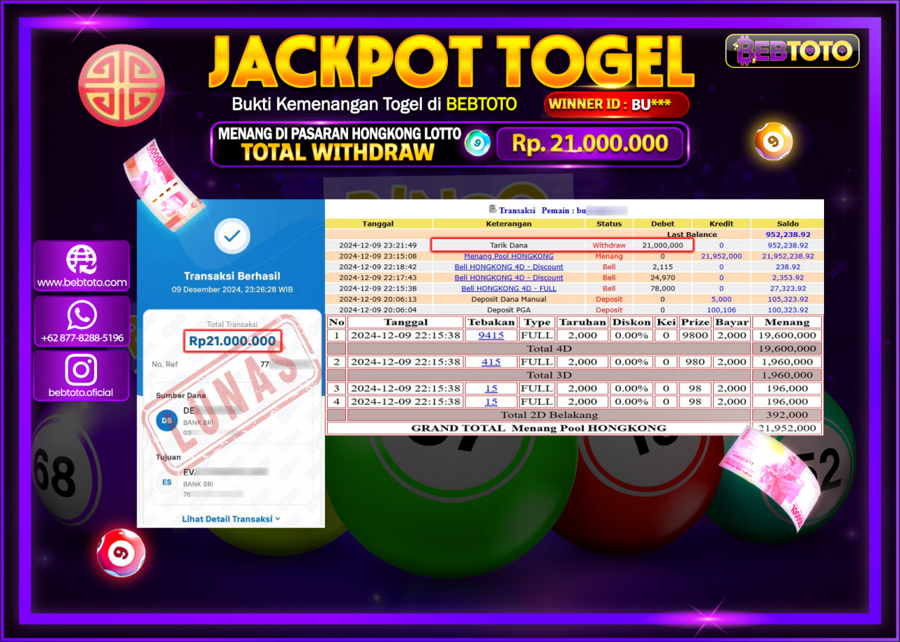 JACKPOT TOGEL BEBTOTO HONGKONG LOTTO Rp.21.000.000.,- LUNAS