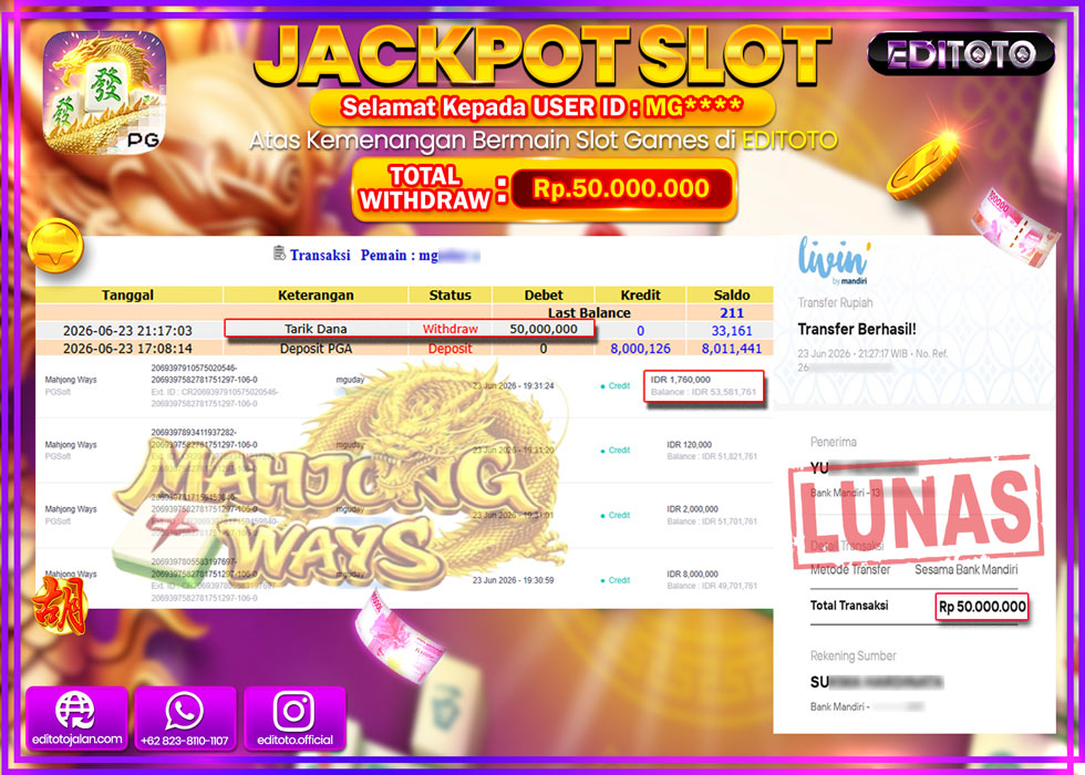 JACKPOT EDITOTO SLOT MAHJONG WAYS Rp.50.000.000,- LUNAS