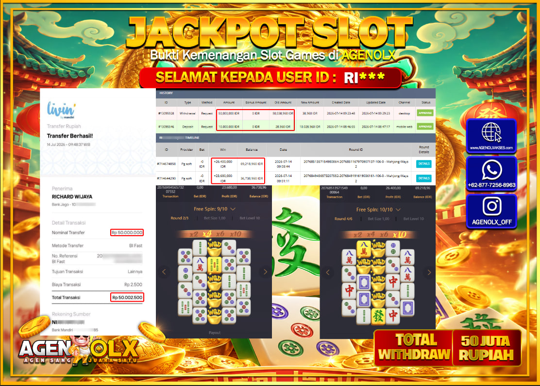 AGENOLX JACKPOT PG SOFT MAHJONG WAYS Rp  50.000.000 -LUNAS