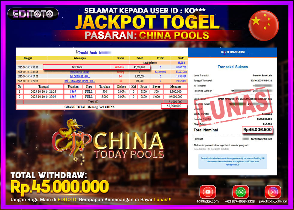 JACKPOT EDITOTO TOGEL PASARAN CHINA POOLS Rp.45.000.000.,- LUNAS 