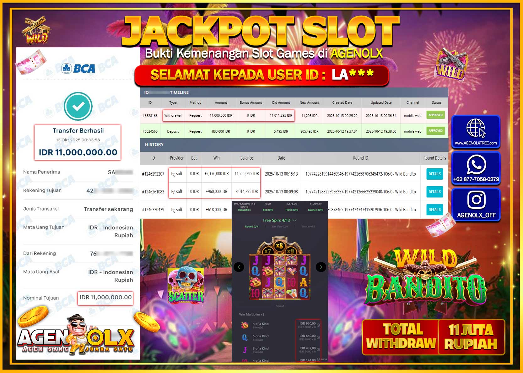 AGENOLX JACKPOT SLOT WILD BANDITO Rp 11,000,000,- LUNAS