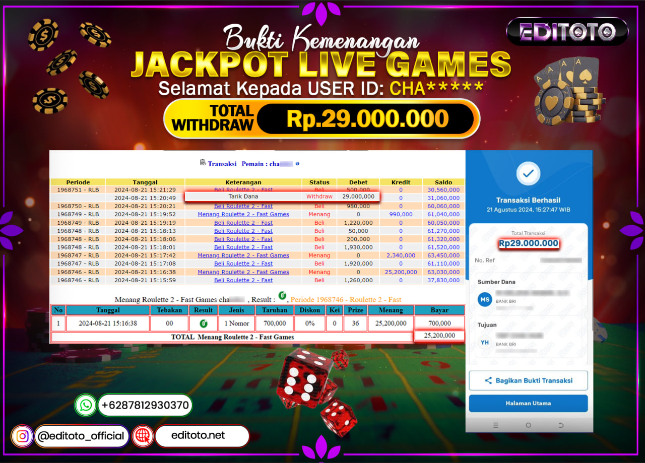 JACKPOT LIVE GAME ROULETTE 2 Rp.29.000.000.,- LUNAS