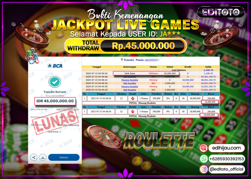 JACKPOT EDITOTO LIVE GAMES ROULETTE Rp. 45.000.000.,- LUNAS