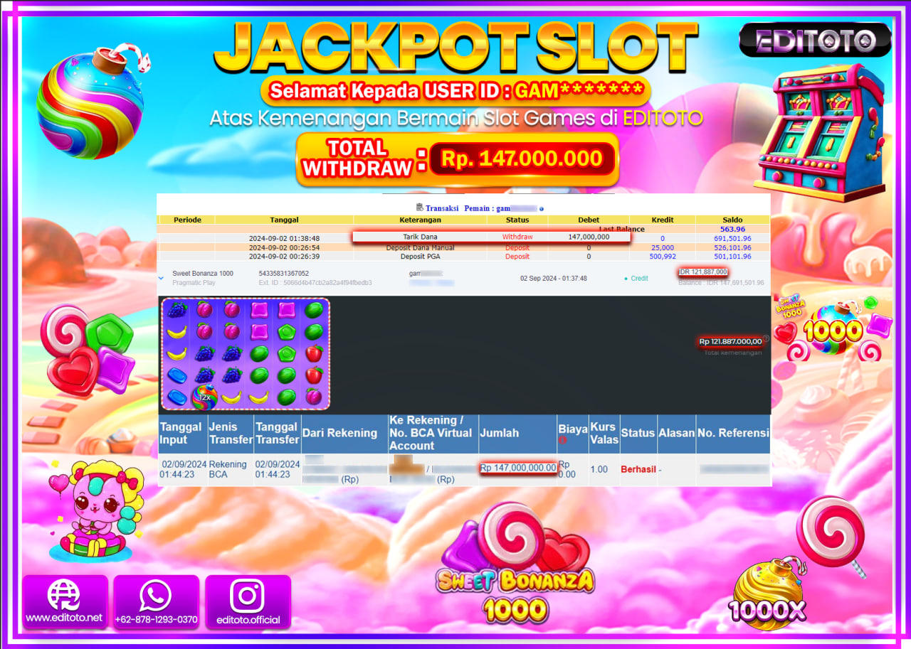 JACKPOT SLOT SWEET BONANZA 1000   Rp.147.000.000.,- LUNAS