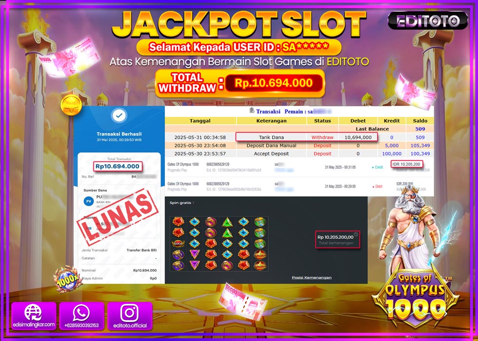 JACKPOT EDITOTO SLOT GATES OF OLYMPUS 1000 Rp.10.694.000,- LUNAS