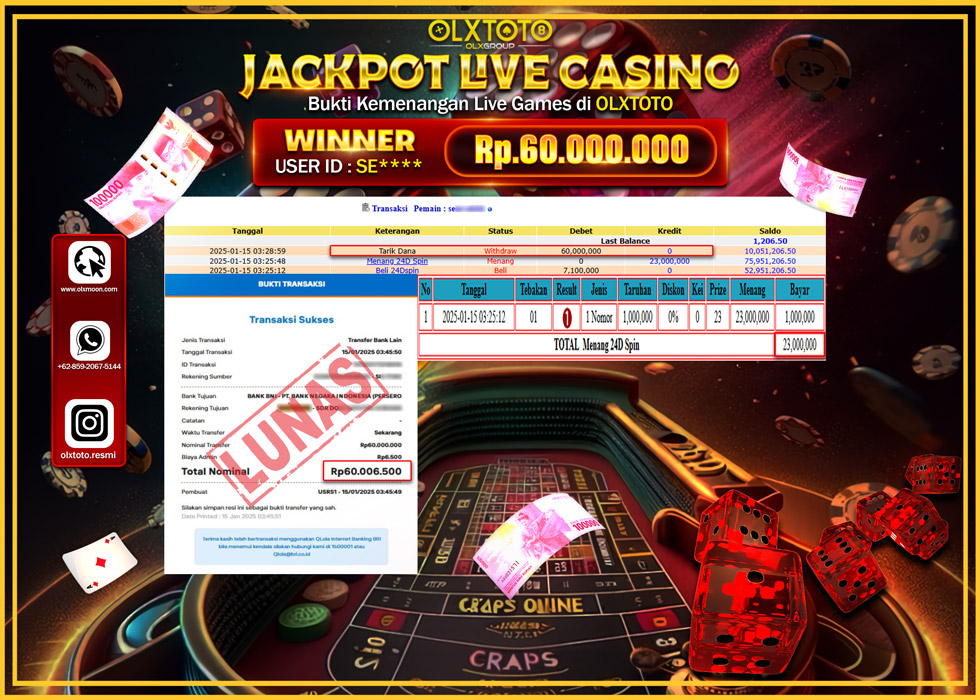 OLXTOTO JACKPOT  LIVE GAMES 24D SPIN Rp.60.000.000.,- LUNAS