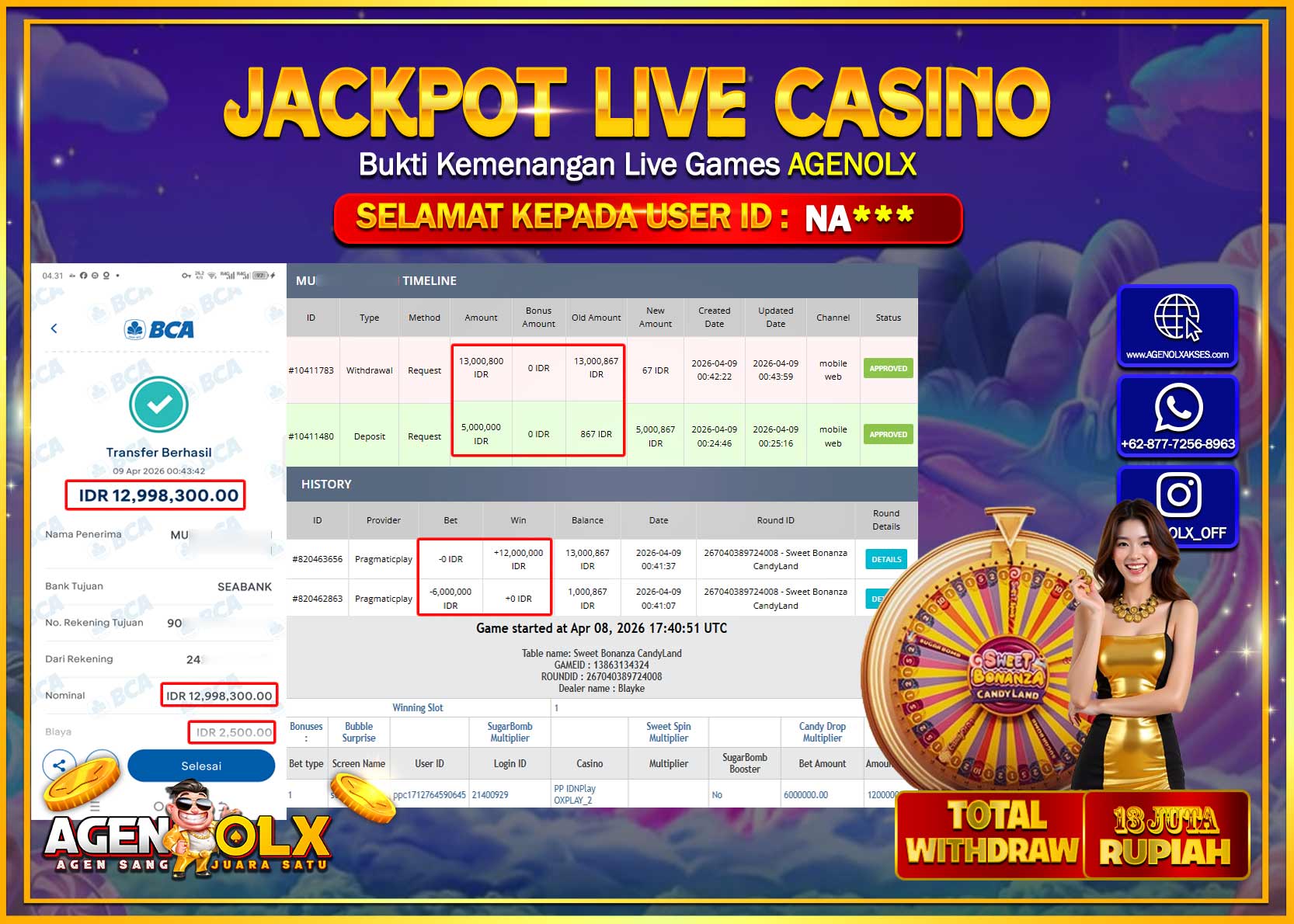 AGENOLX JACKPOT LIVE GAME SWEET BONANZA CANDYLAND  Rp 13.000.000 - LUNAS
