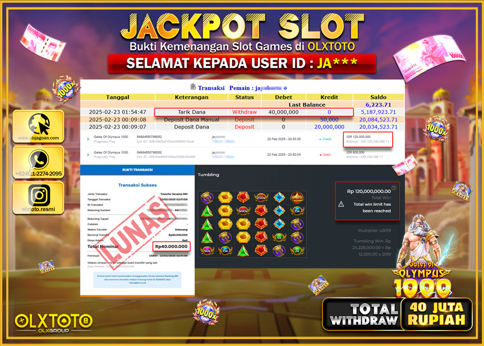 OLXTOTO JACKPOT SLOT GATES OF OLYMPUS 1000  Rp.40.000.000.,- LUNAS