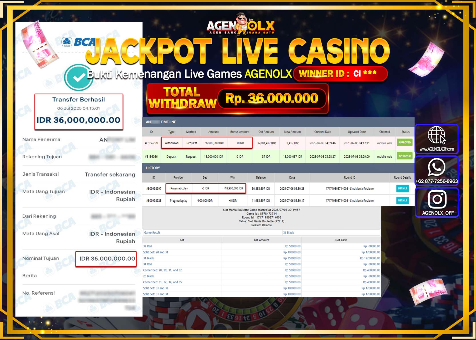AGENOLX JACKPOT  SLOT MANIA ROULETTE Rp 36.000.000,- LUNAS