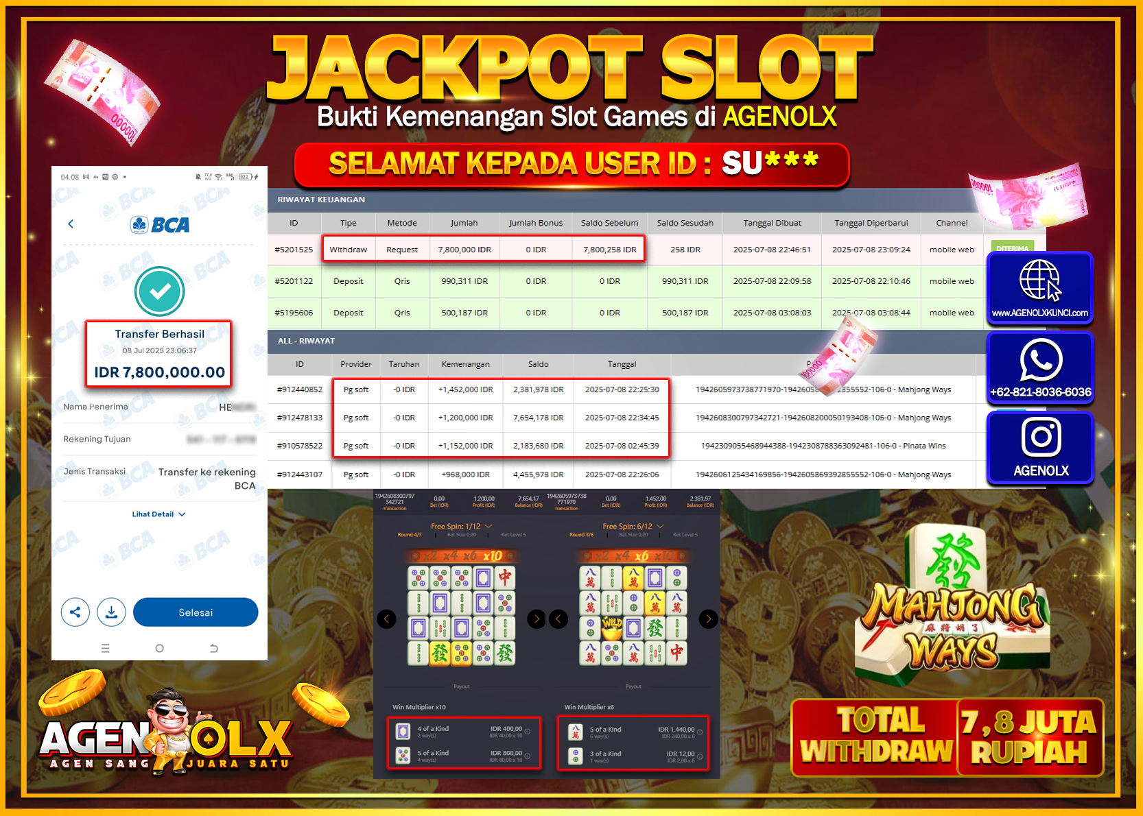 AGENOLX JACKPOT  SLOT MAHJONG WAYS  Rp 7.800.000,- LUNAS