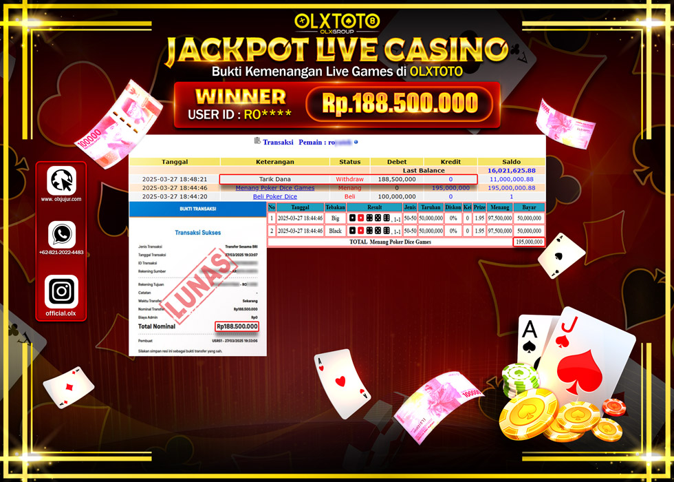 OLXTOTO JACKPOT  LIVE GAMES POKER DICE GAMES  Rp188.500.000.,- LUNAS