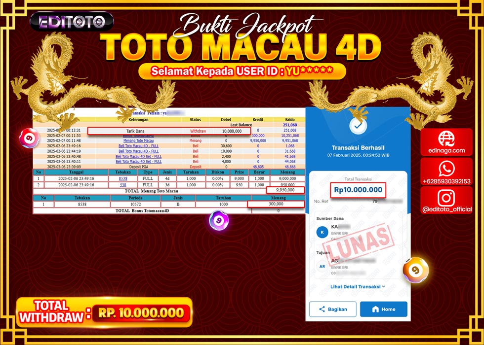 JACKPOT TOGEL PASARAN TOTOMACAU 4D Rp.10.000.000.,- LUNAS