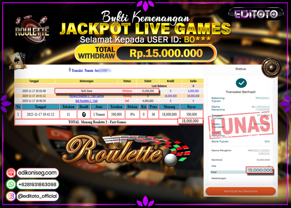 JACKPOT EDITOTO LIVE GAMES ROULETTE 2 - FAST GAMES Rp. 18.000.000.,- LUNAS