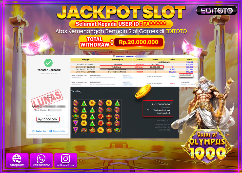 JACKPOT SLOT GATES OF OLYMPUS 1000 Rp.20.000.000.,- LUNAS
