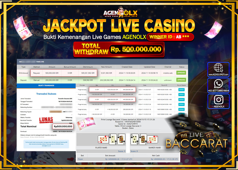 AGENOLX JACKPOT  LIVE CASINO BACCARAT Rp 500.000.000,- LUNAS
