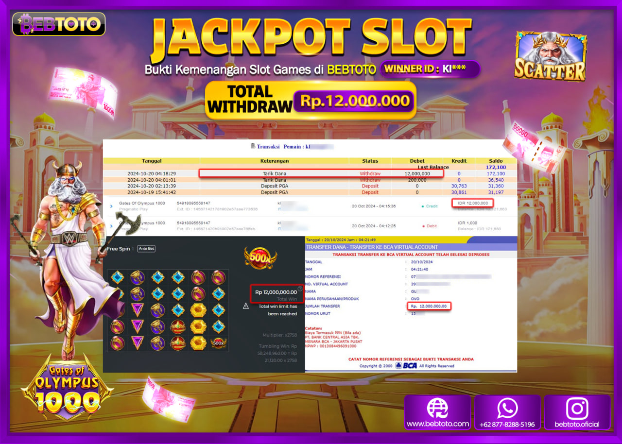 JACKPOT SLOT BEBTOTO GATES OF OLYMPUS Rp.12.000.000.,- LUNAS
