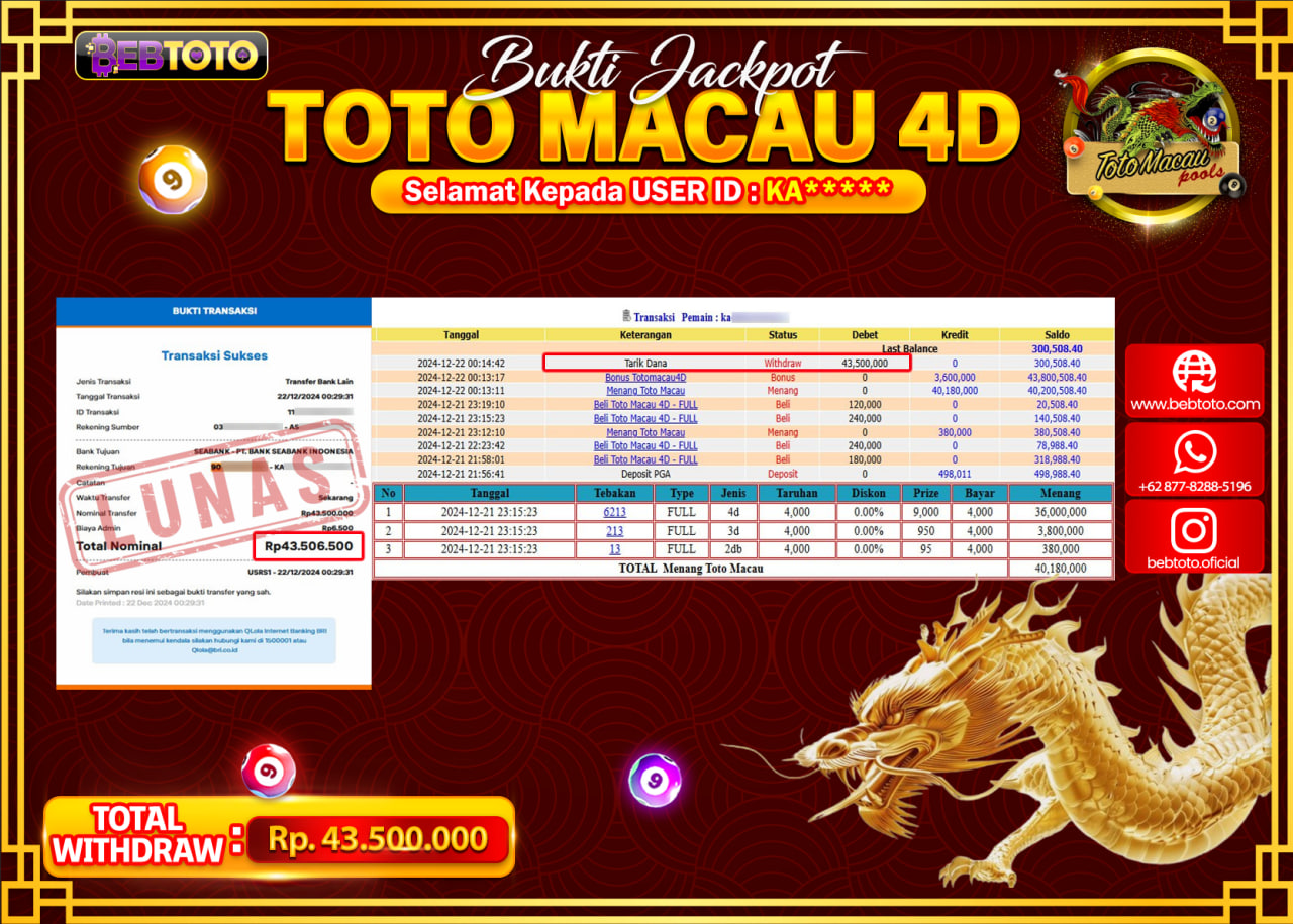 JACKPOT LIVE CASINO BEBTOTO TOTO MACAU 4D Rp.43.500.000.,- LUNAS