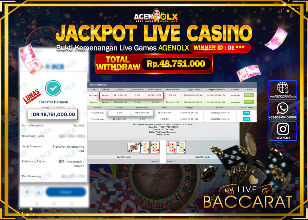 AGENOLX JACKPOT LIVE CASINO BACCARAT  Rp.48.751.000,- LUNAS