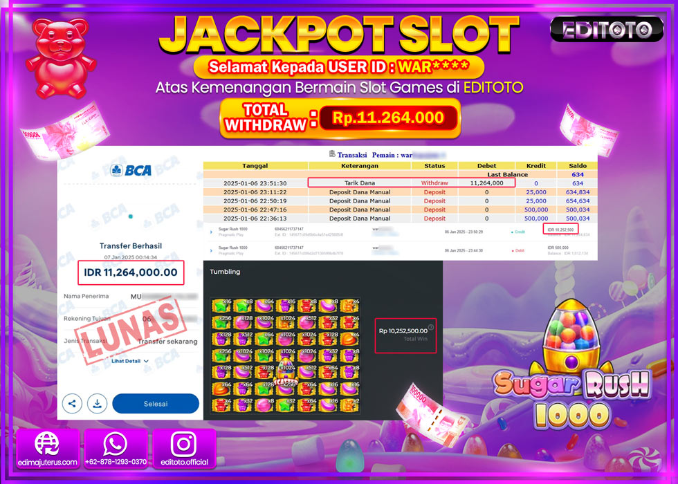 JACKPOT SLOT SUGAR RUSH 1000 Rp.11.264.000.,- LUNAS