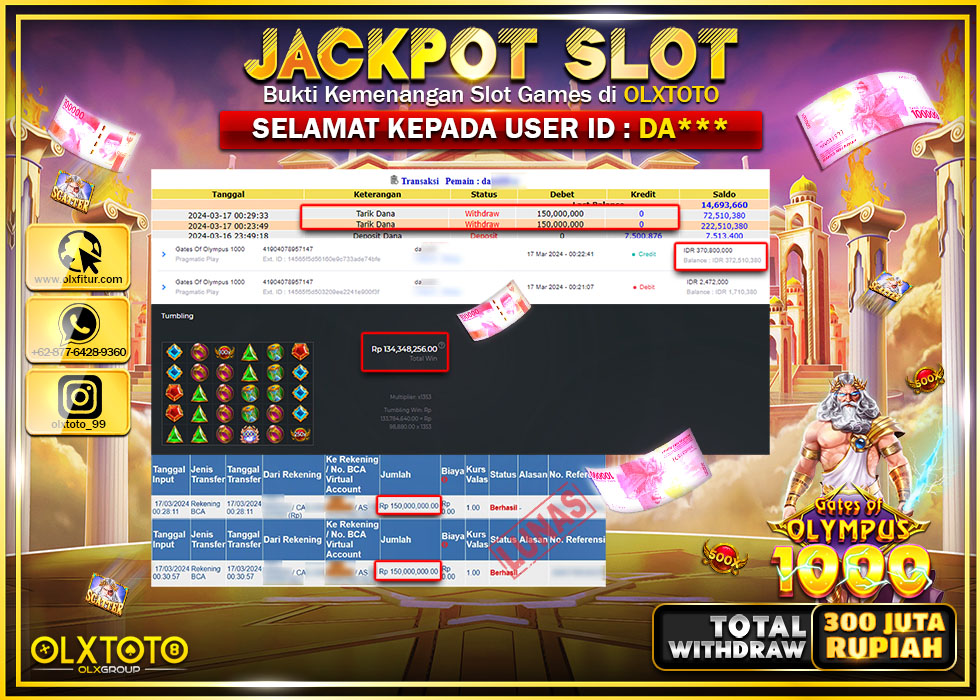 OLXTOTO JACKPOT SLOT GATES OF OLYMPUS 1000 Rp.300.000.000.,- LUNAS