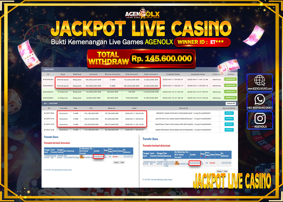 AGENOLX JACKPOT LIVE CASSINO Rp 145.000.000,- LUNAS