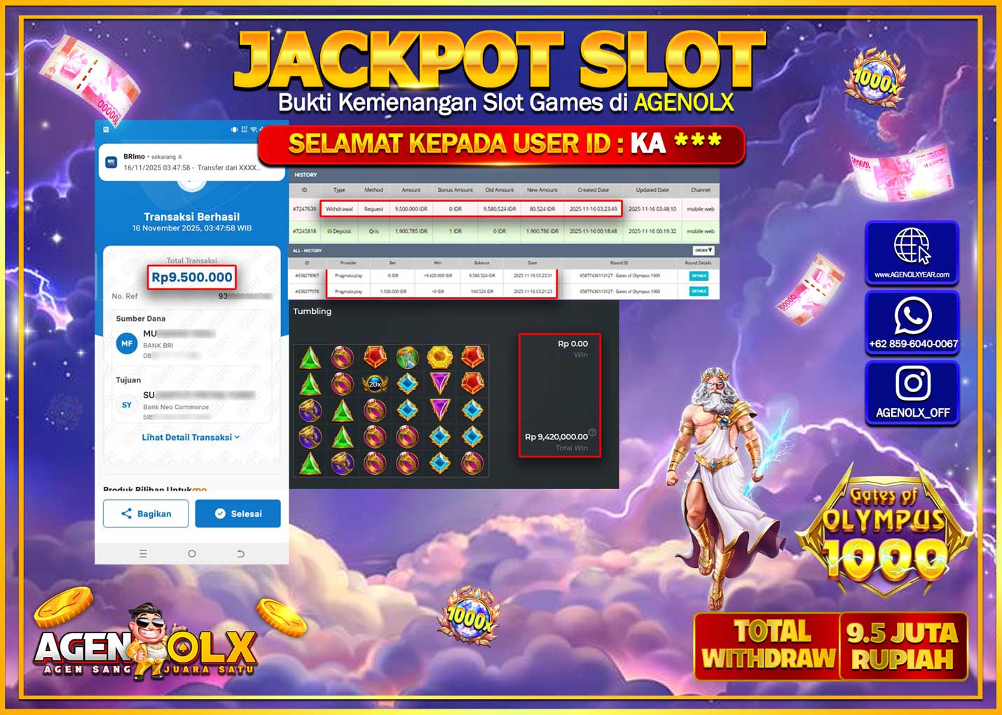 AGENOLX JACKPOT SLOT GATES OF OLYMPUS1000 Rp 9,500,000,- LUNAS
