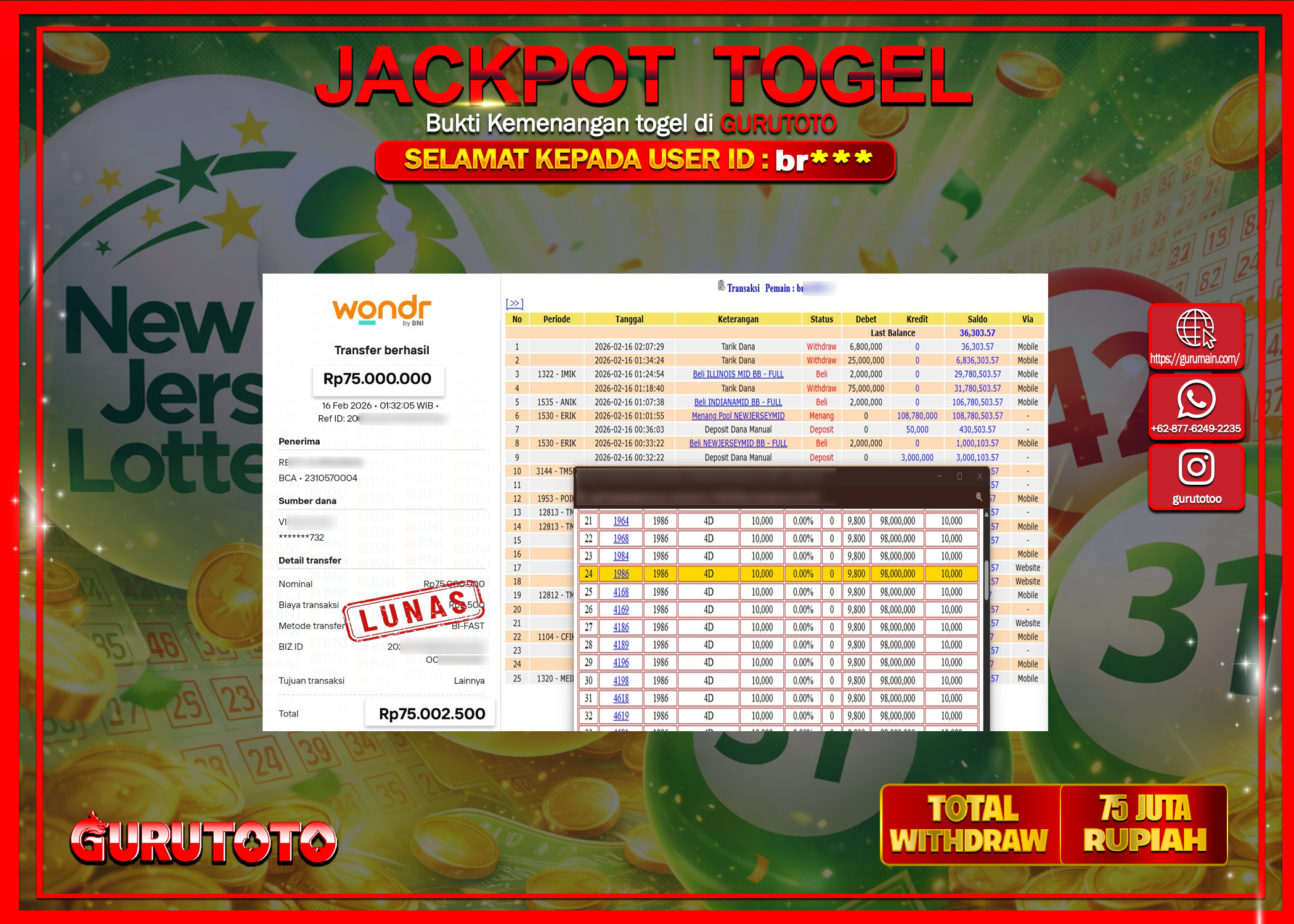 Bukti Kemenangan Rp 75.000.000 NEW JERSEY MIDDAY di GURUTOTO !