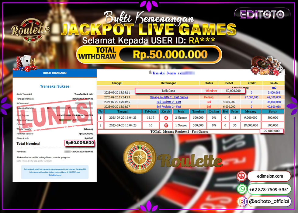 JACKPOT EDITOTO LIVE GAMES ROULETTE Rp. 50.000.000.,- LUNAS