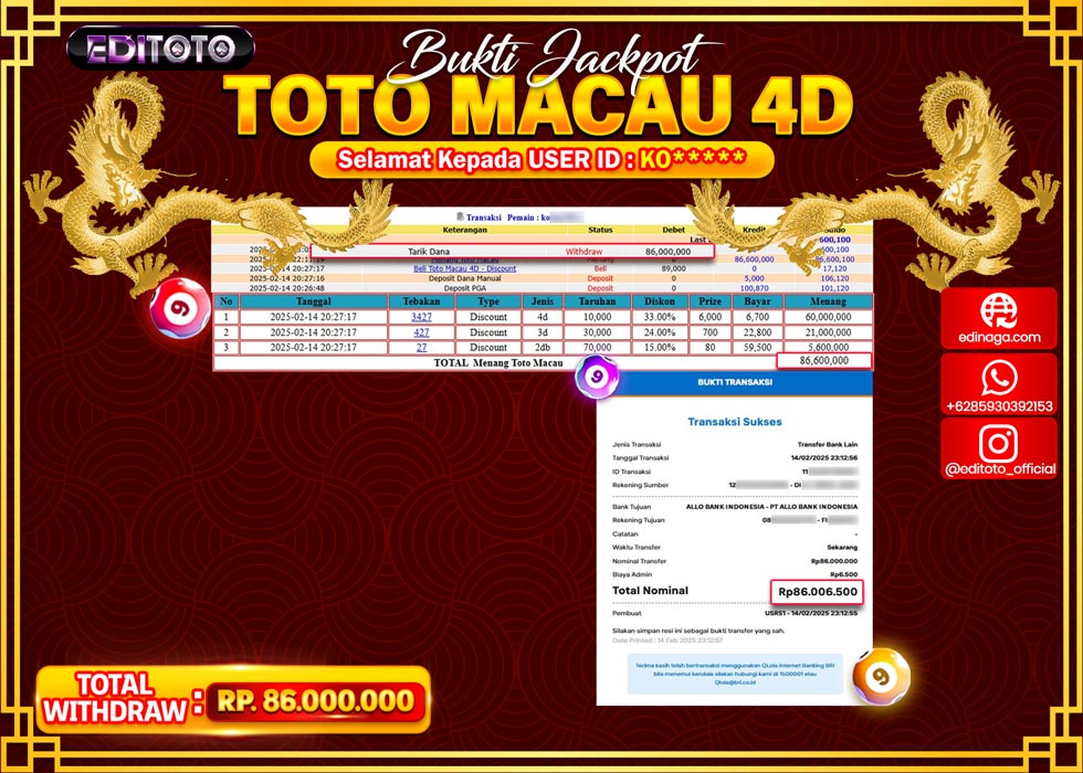 JACKPOT TOGEL PASARAN TOTOMACAU 4D Rp.86.000.000.,- LUNAS