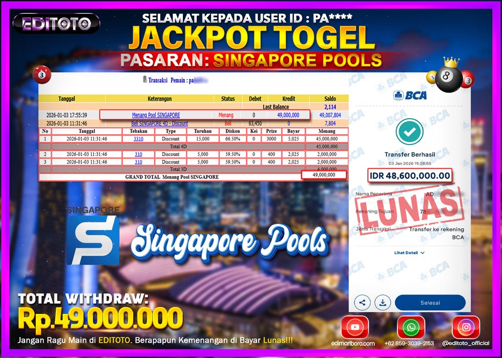 JACKPOT EDITOTO TOGEL PASARAN SINGAPORE POOLS Rp.49.000.000.,- LUNAS 