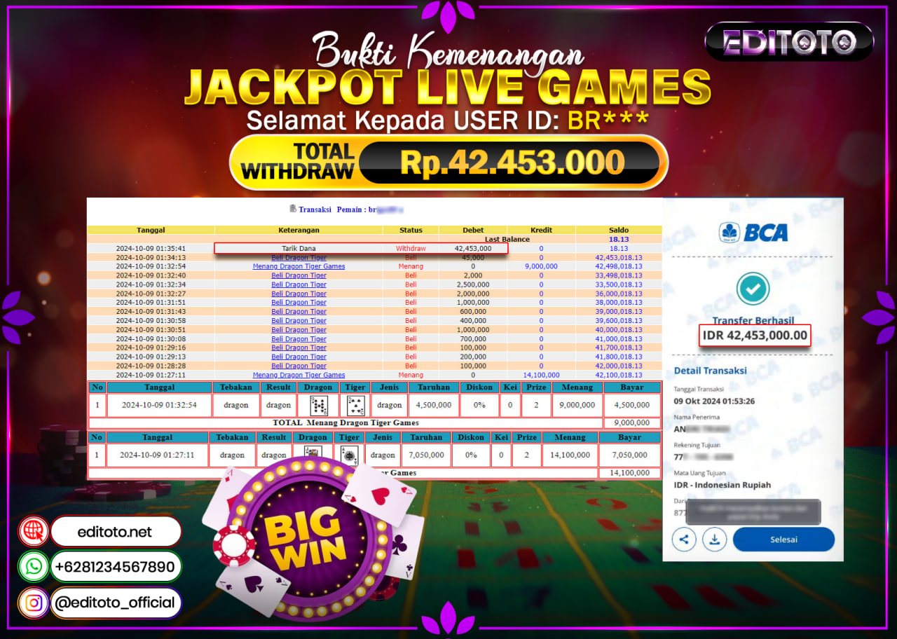 JACKPOT LIVE GAME DRAGON TIGER Rp.42.453.000.,- LUNAS