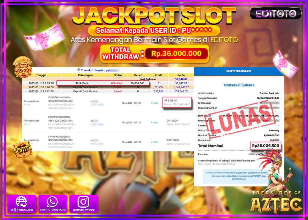 JACKPOT EDITOTO SLOT TREASURES OF AZTEC Rp.36.000.000,- LUNAS 