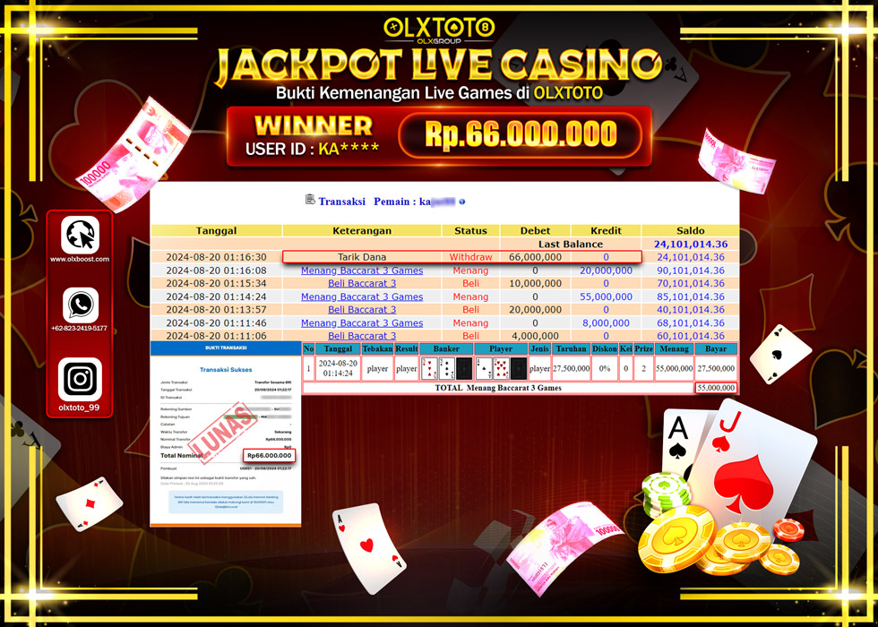 OLXTOTO JACKPOT  LIVE GAMES BACCARAT Rp.66.000.000.,- LUNAS