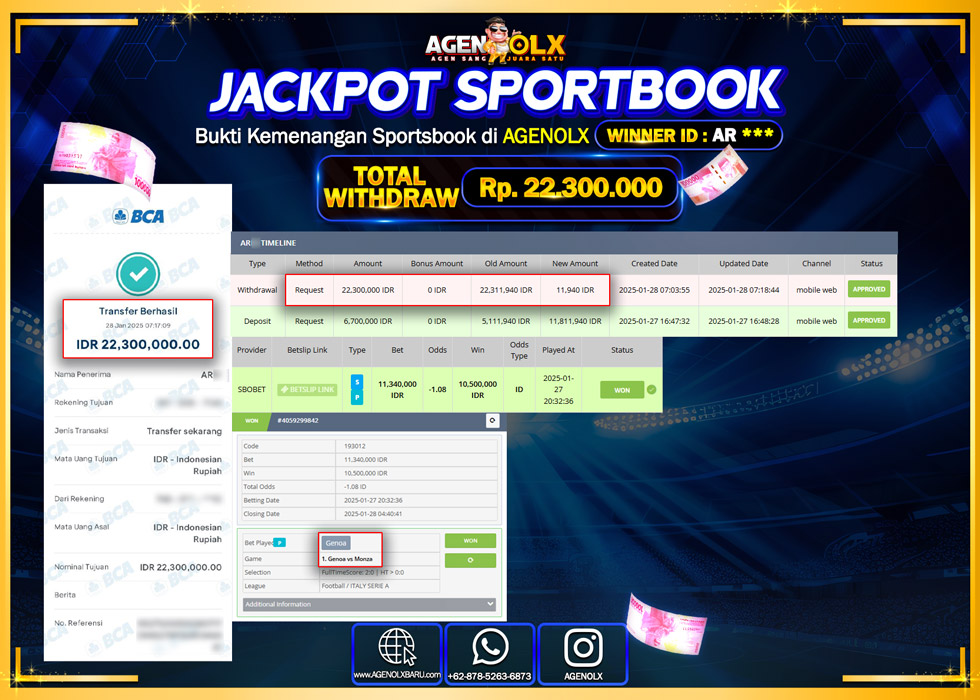 AGENOLX JACKPOT SPOORTBOOK Rp 22.300.000,- LUNAS