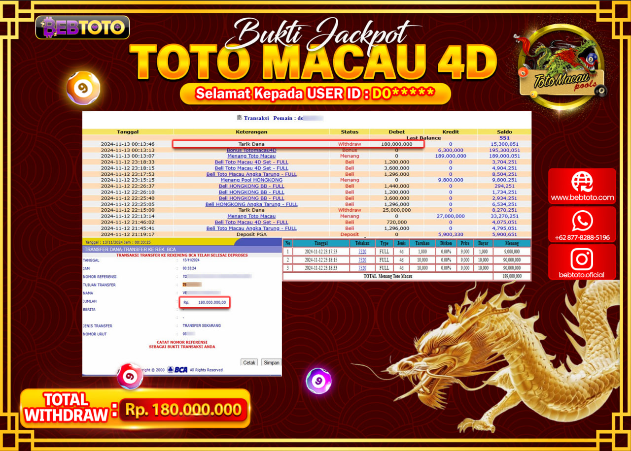 JACKPOT LIVE CASINO BEBTOTO TOTO MACAU Rp.180.000.000.,- LUNAS