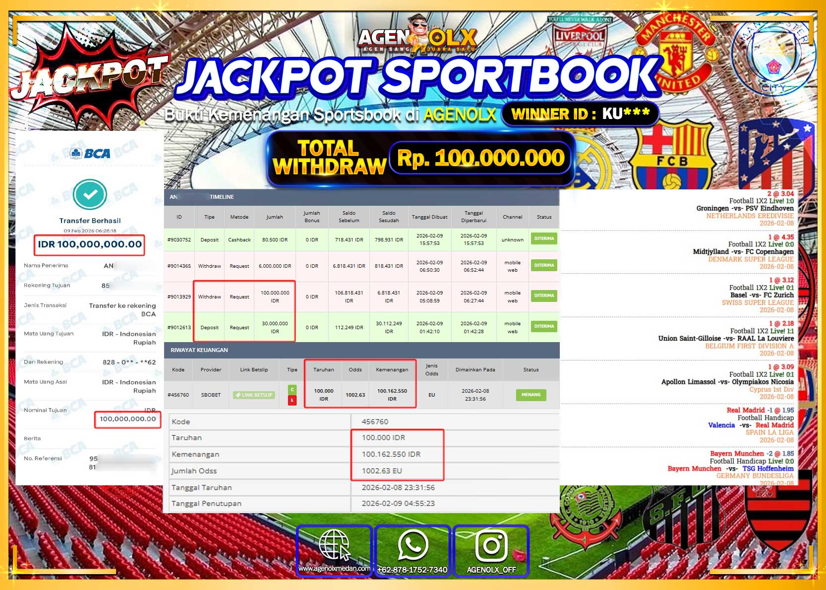 AGENOLX JACKPOT PARLAY SBOBET  Rp 100.000.000 - LUNAS