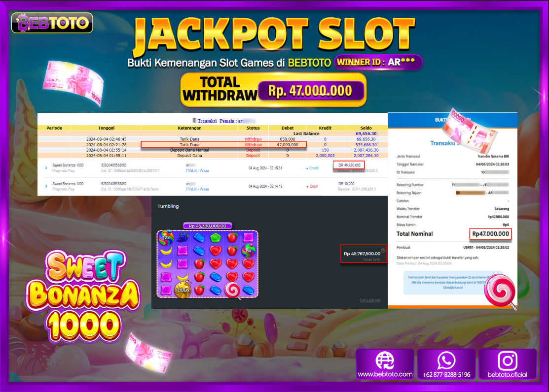 JACKPOT SLOT BEBTOTO Sweet Bonanza 1000 Rp.47.000.000.,- LUNAS