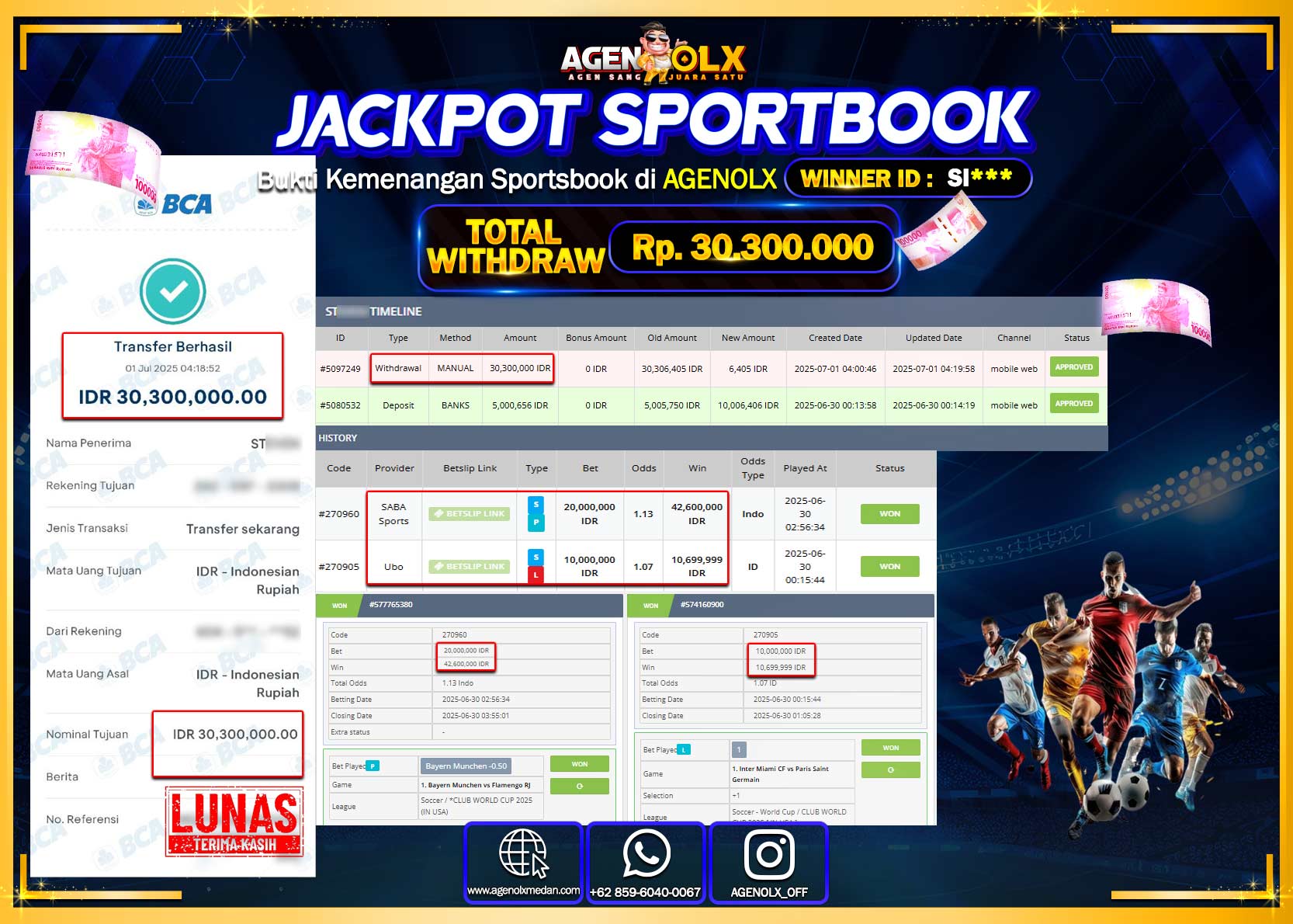 AGENOLX JACKPOT  SPORTBOOK   Rp 30.300.000,- LUNAS
