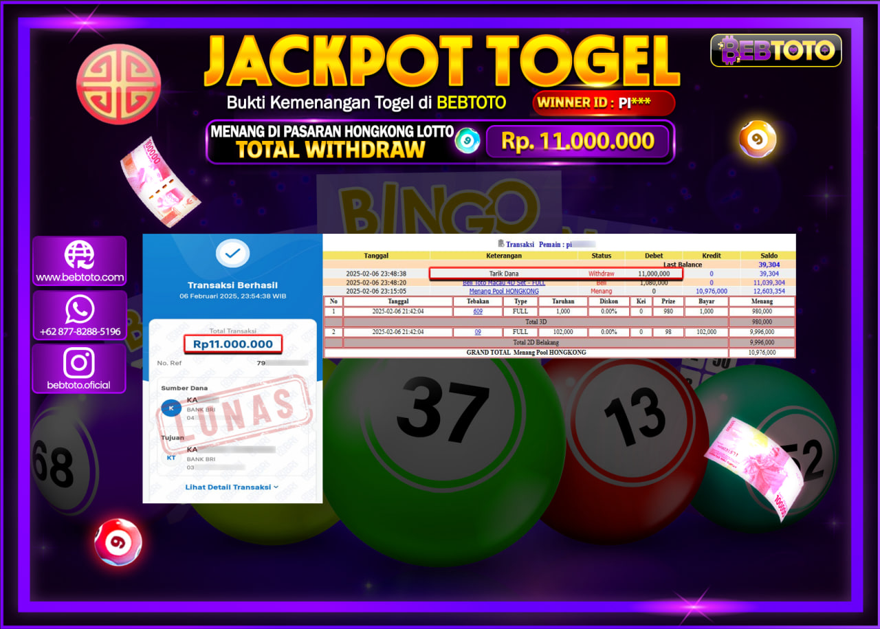JACKPOT TOGEL BEBTOTO HONGKONG LOTTO Rp.11.000.000.,- LUNAS