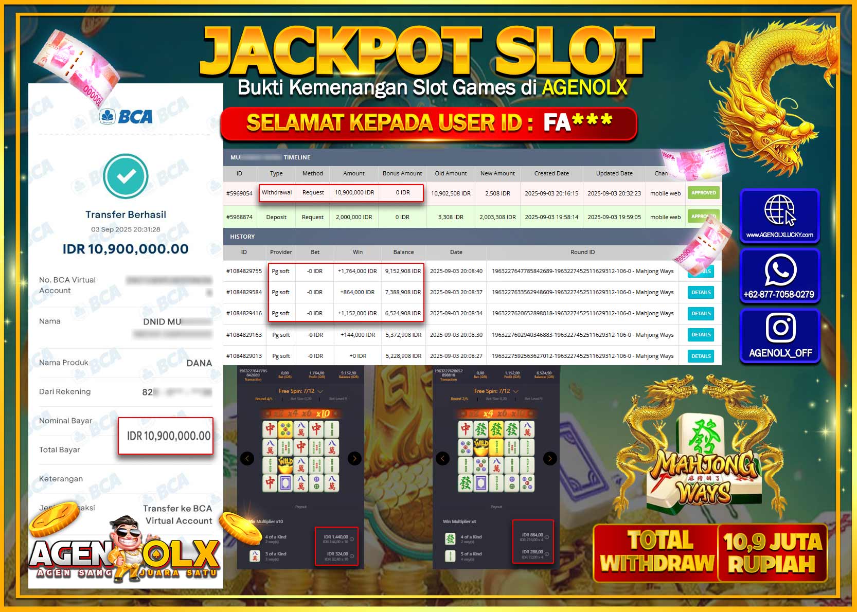 AGENOLX JACKPOT SLOT MAHJONG WAYS Rp 10,900,000,- LUNAS
