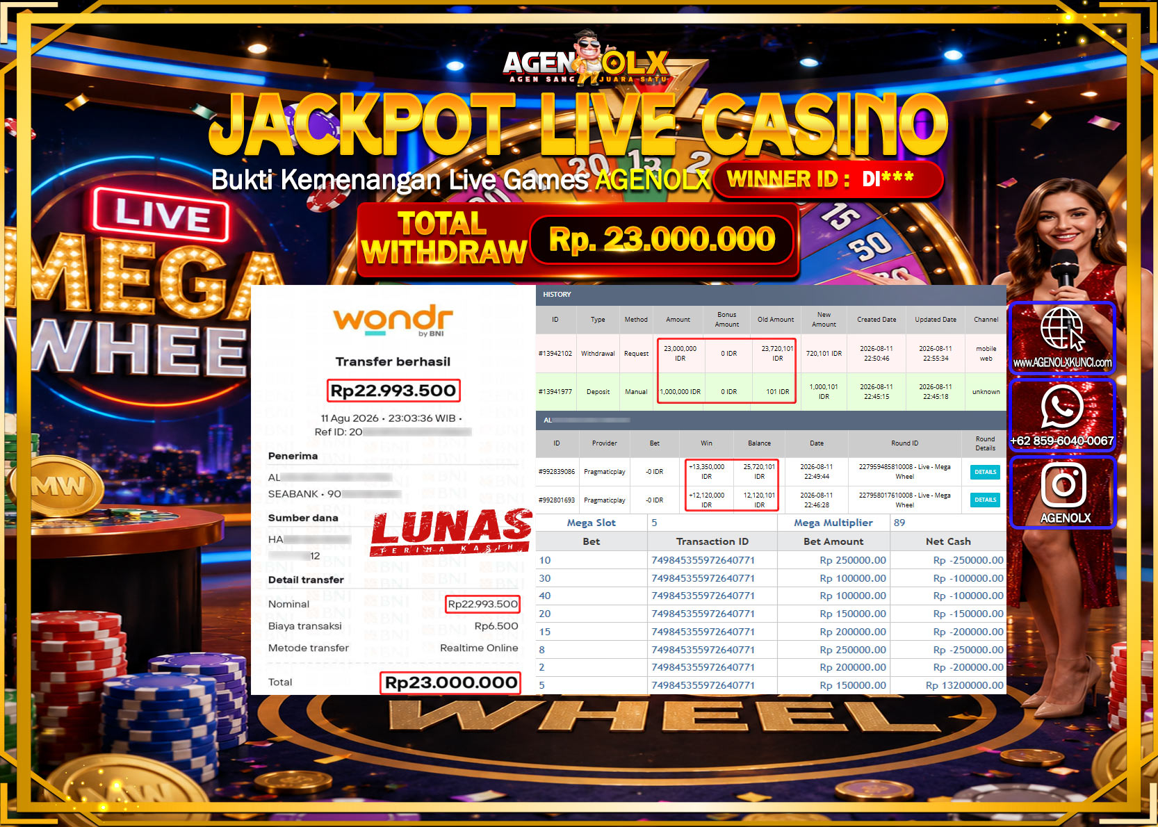AGENOLX JACKPOT LIVE CASSINO LIVE MEGA WHEEL Rp 23.000.000-LUNAS