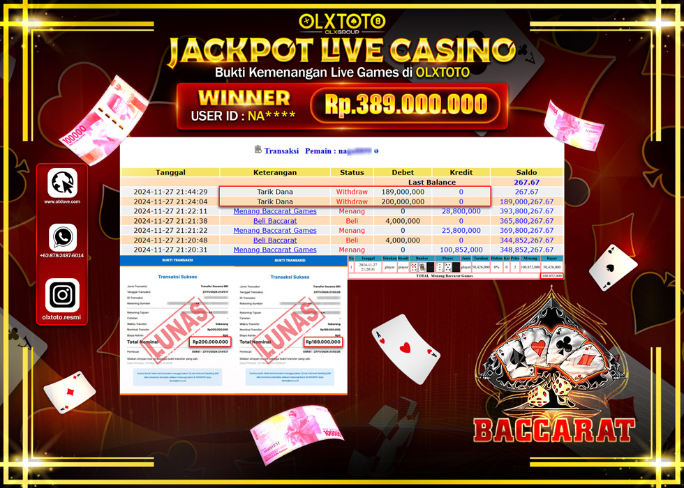 OLXTOTO JACKPOT  LIVE GAMES BACCARAT Rp.389.000.000.,- LUNAS