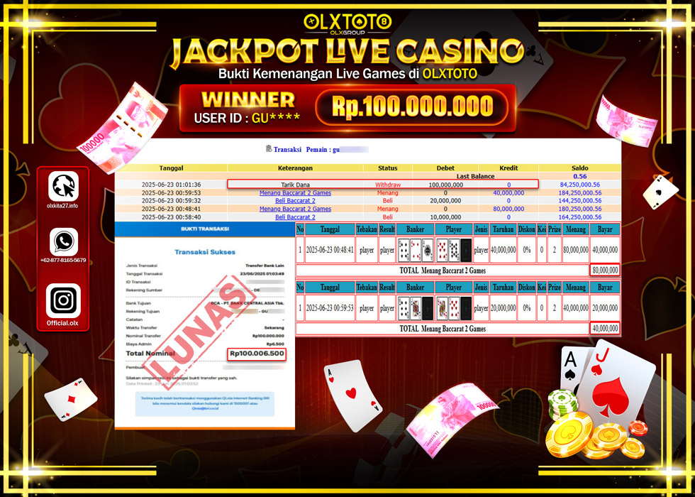 BONDAN69 JACKPOT LIVE GAMES BACCARAT 2  GAMES Rp.100.000.000.,- LUNAS