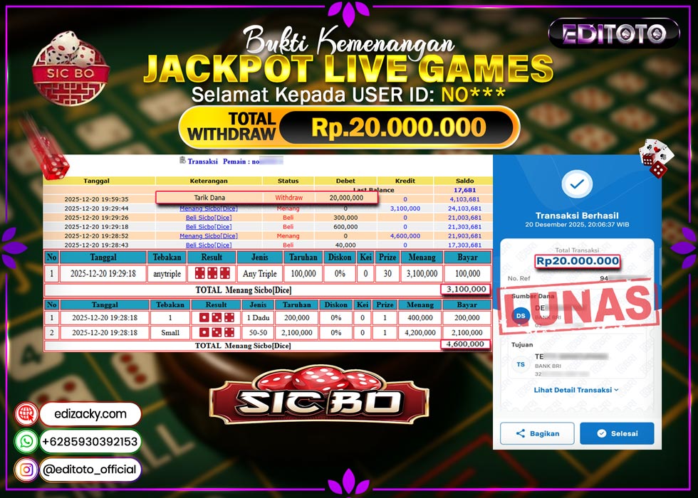 JACKPOT EDITOTO LIVE GAMES SICBO DICE Rp. 20.000.000.,- LUNAS