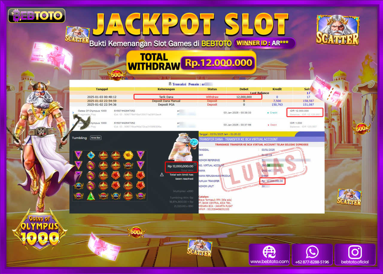 JACKPOT SLOT BEBTOTO GATES OF OLYMPUS 1000 Rp.12.000.000.,- LUNAS