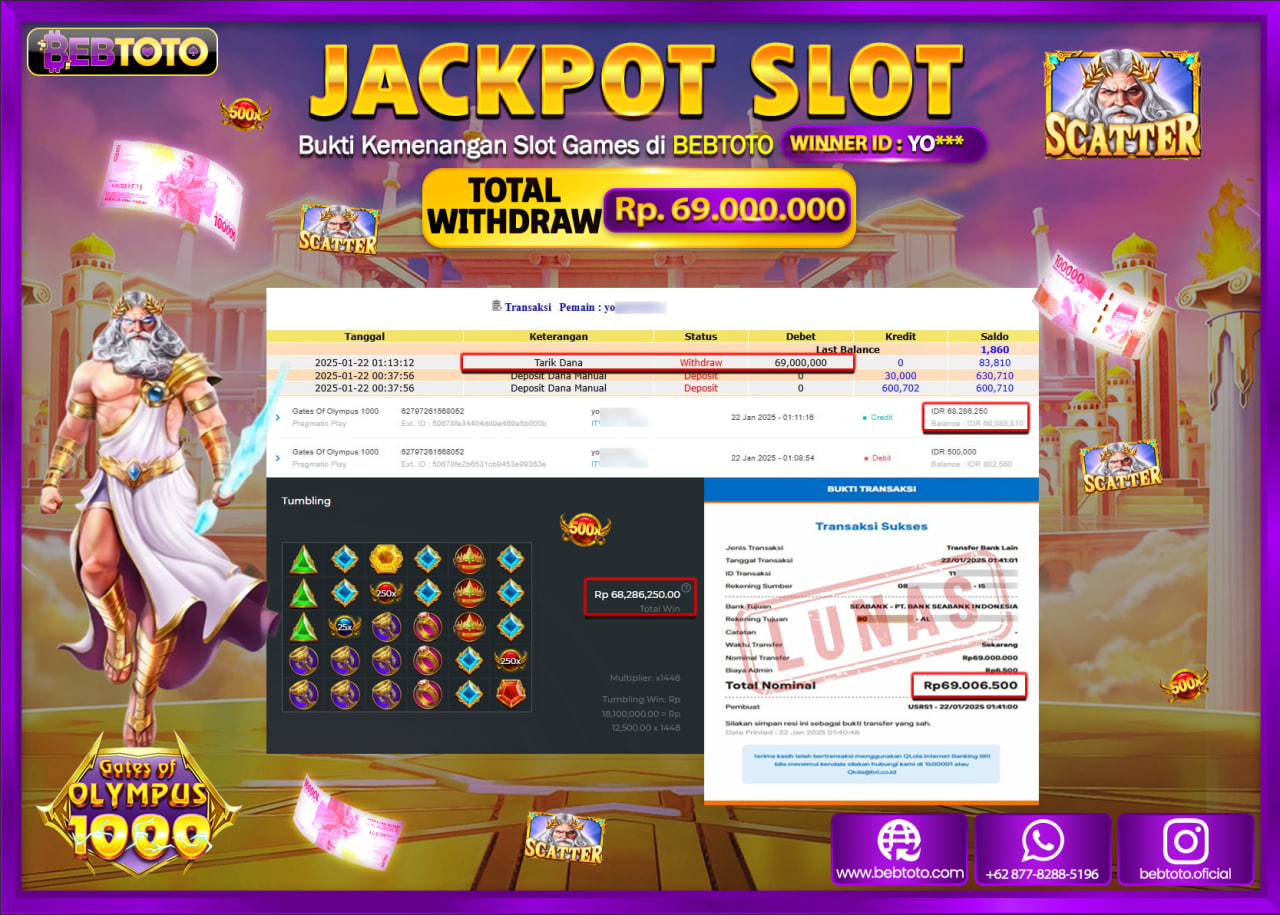 JACKPOT SLOT BEBTOTO GATES OF OLYMPUS 1000 Rp.69.000.000.,- LUNAS