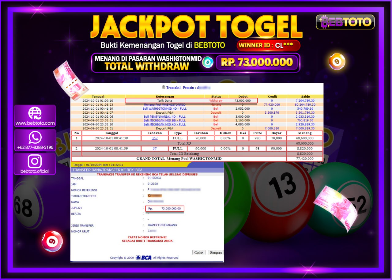 JACKPOT TOGEL BEBTOTO WASHIGTONMID Rp.73.000.000.,- LUNAS