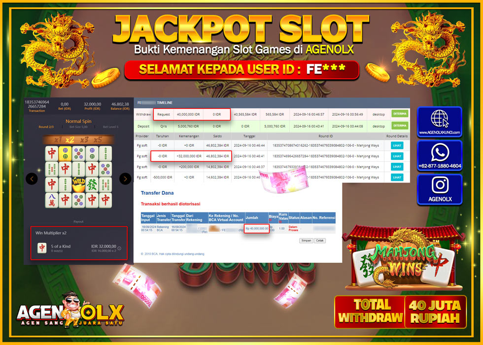 AGENOLX JACKPOT SLOT MAHJONG WINS Rp.40.000.000,- LUNAS